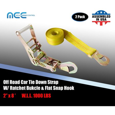 TIE 4 SAFE 2" x 8' Off-Road Ratchet Tie Down Strap w/Snap Hook Auto Hauler Tow Truck Yellow, 2PK RT47-8-Y-C-2